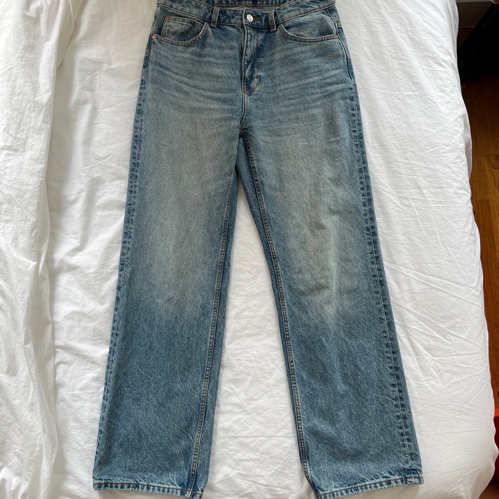 High waisted, straight leg, light wash jeans